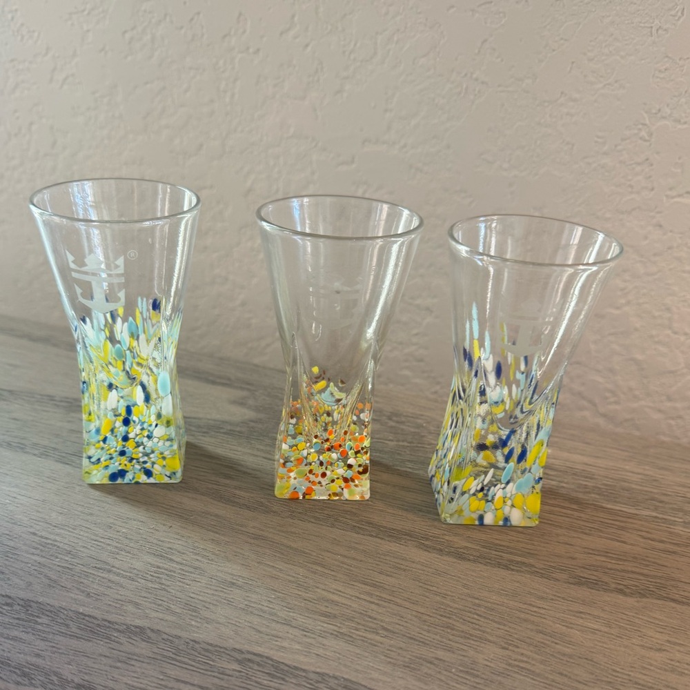 3 vintage Royal Caribbean Cruises Confetti Shot Glasses, Millefiori Art Glass